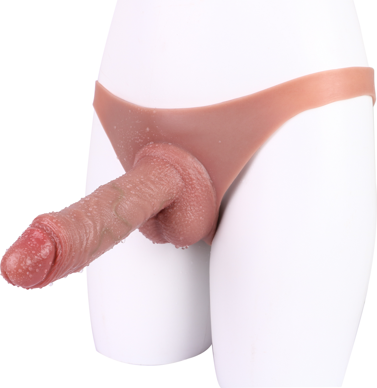 Cieliste majtki z dildo widoczne z boku