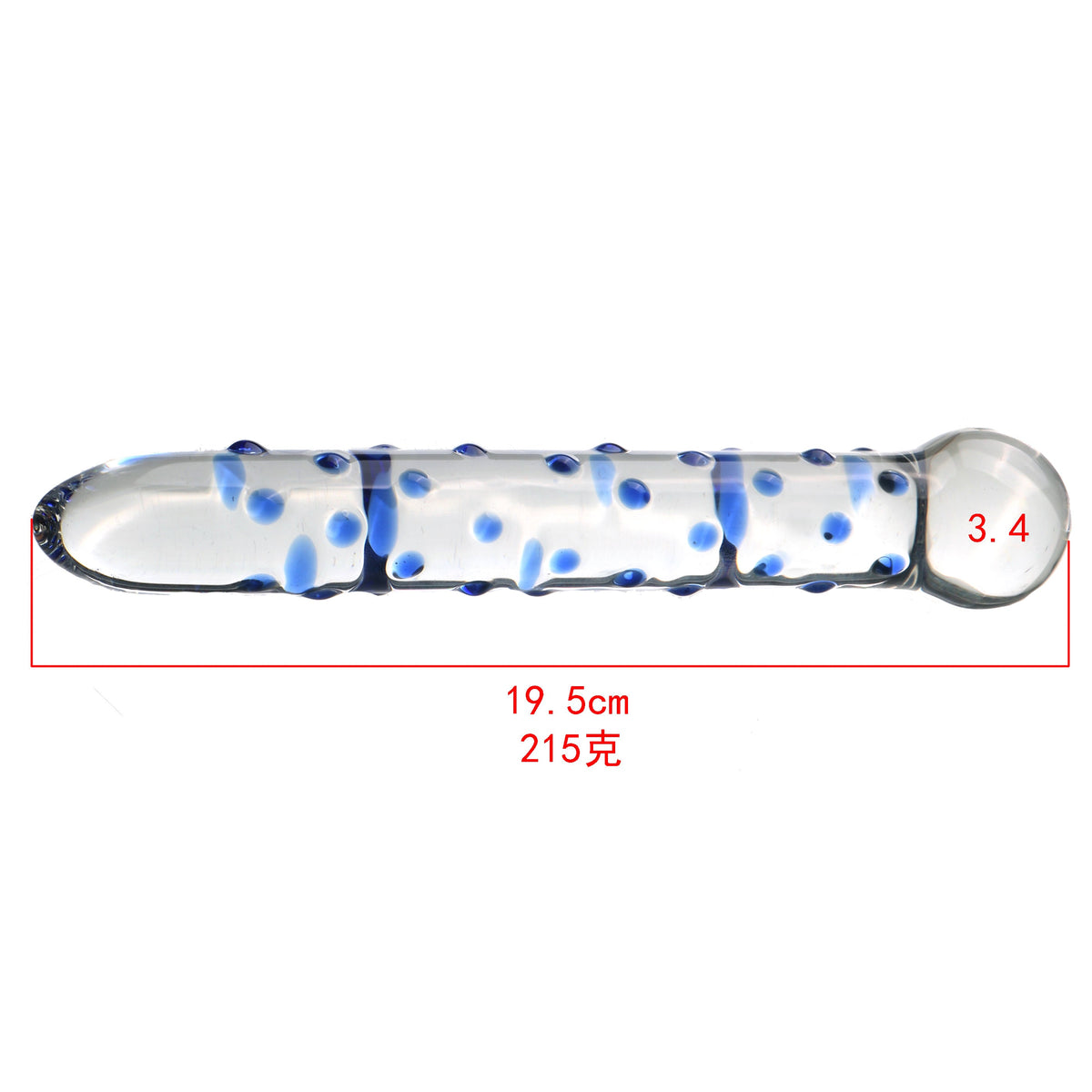 Wymiary szklanego dildo: 19,5 cm długości i 3,4 cm średnicy