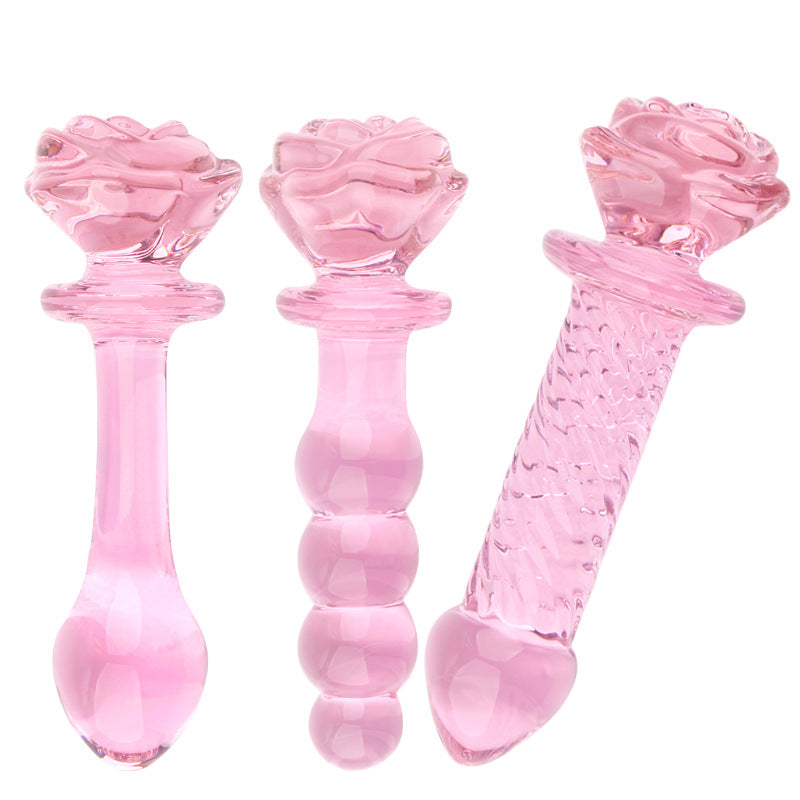 Różowe szklane dildo z różą — trzy różowe warianty szklanego dildo