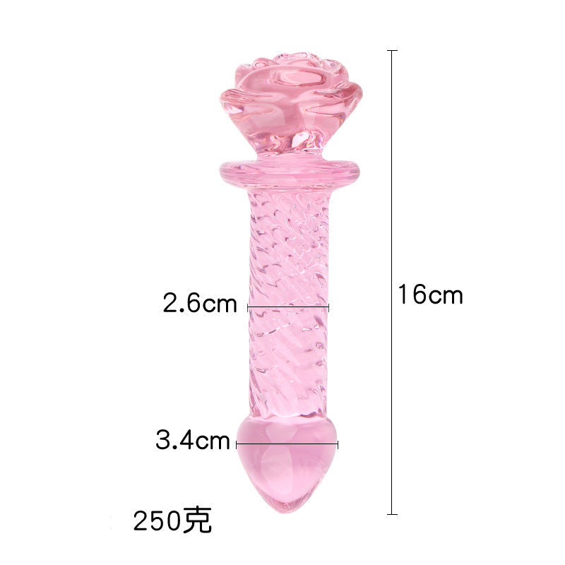 Różowe szklane dildo z różą — schemat wymiarów spiralnego wariantu