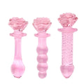 Różowe szklane dildo z różą — trzy różowe warianty szklanego dildo