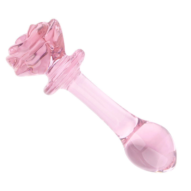Różowe szklane dildo z różą — widok produktu z różą