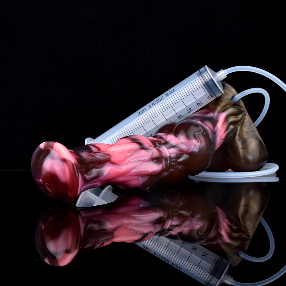 Różowo-czarne horse dildo z podwójnym węzłem — produkt z pompką i strzykawką