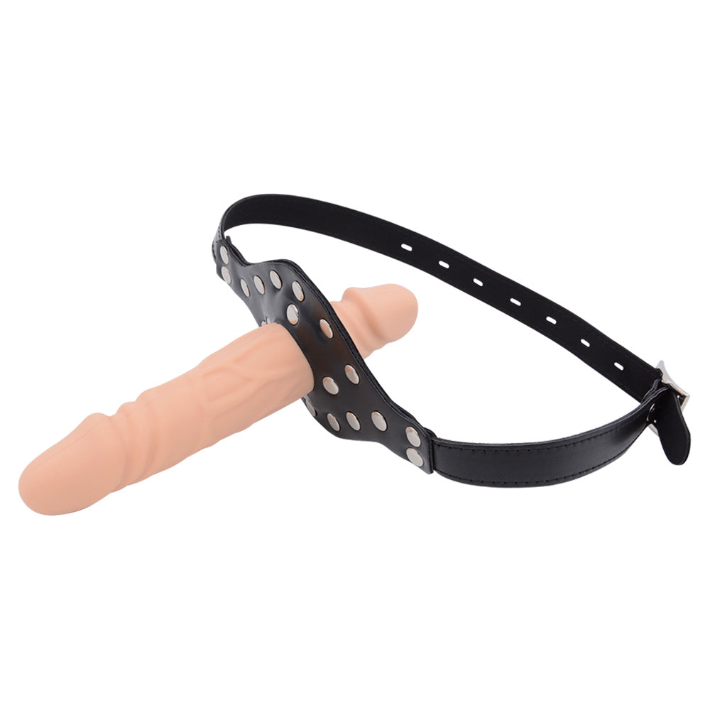 Dildo gag dwustronny z uprzężą — uprząż z jasną wkładką w innym ujęciu