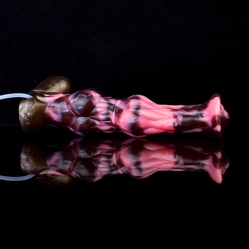 Różowo-czarne horse dildo z podwójnym węzłem — produkt z pompką i strzykawką