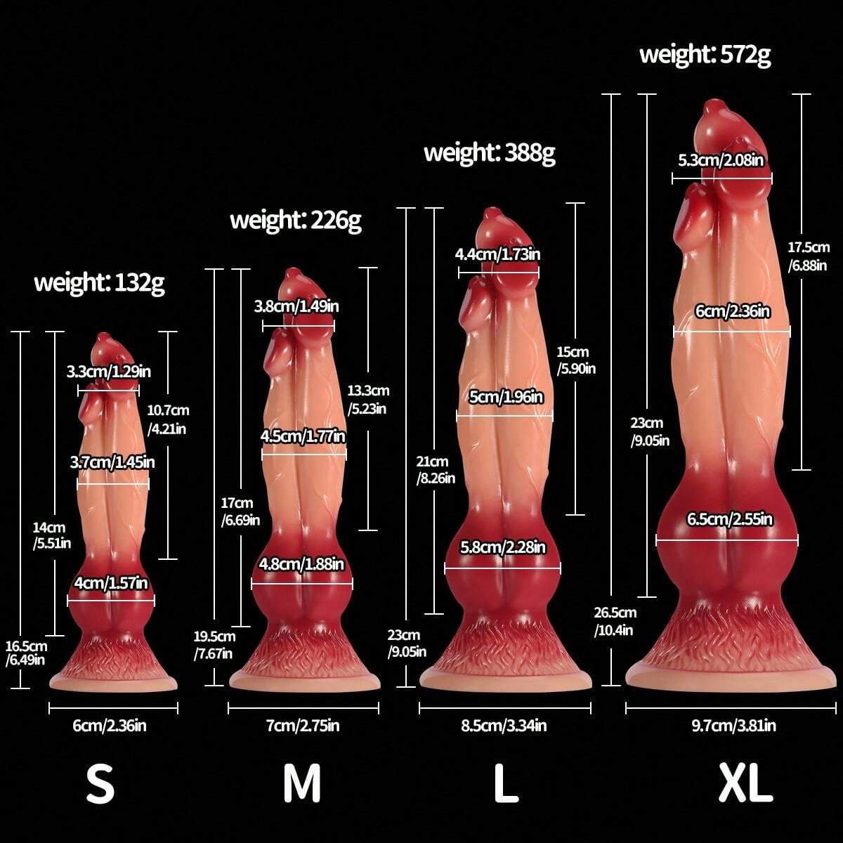 Monster dildo z trzema głowicami — schemat wymiarów wariantu M