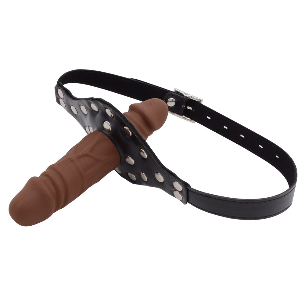 Brązowy dildo mouth gag z regulowanym paskiem — widok ukośny