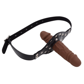 Brązowy dildo mouth gag z regulowanym paskiem — brązowa wkładka w uprzęży