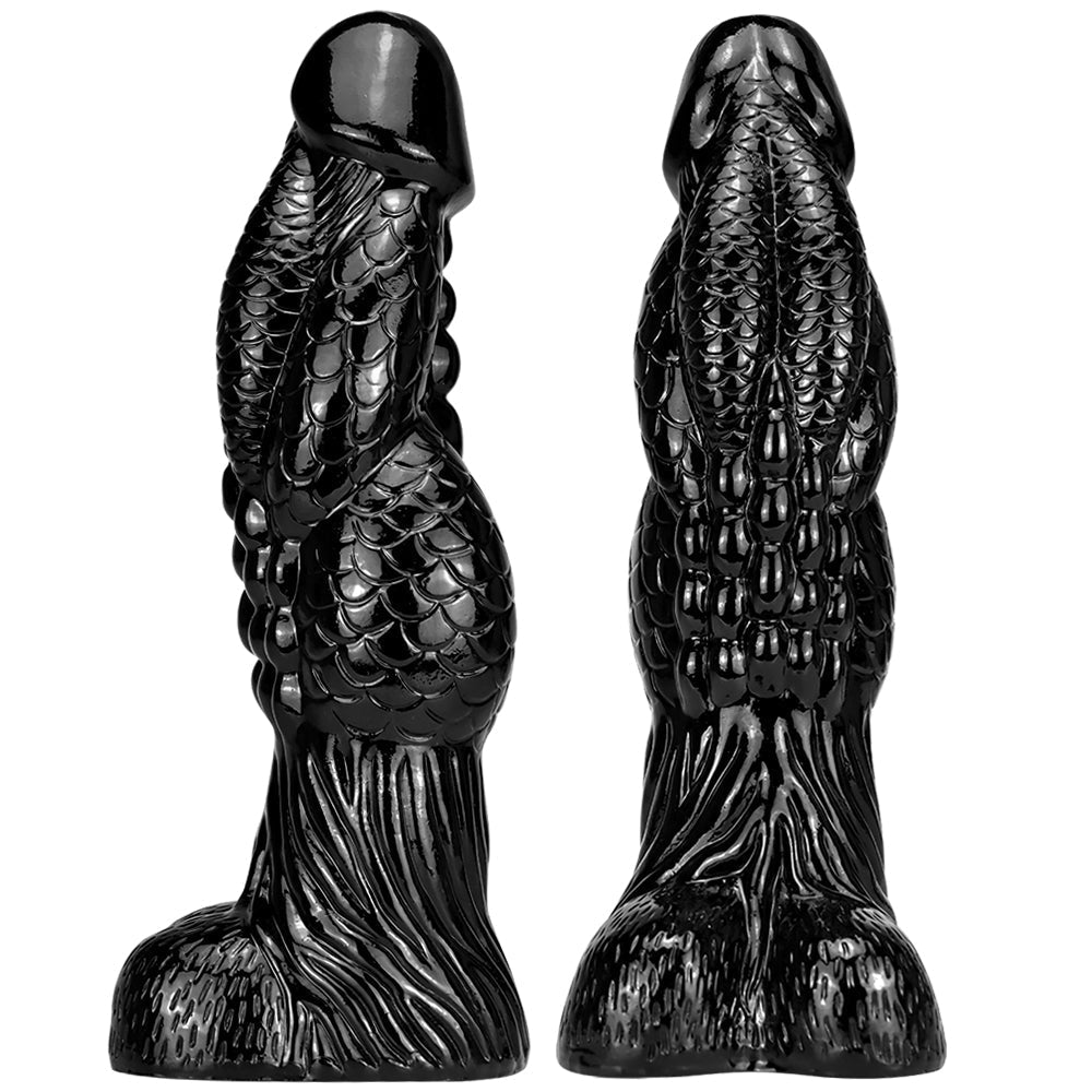 Czarne monster dildo z łuskową fakturą — widok z przodu