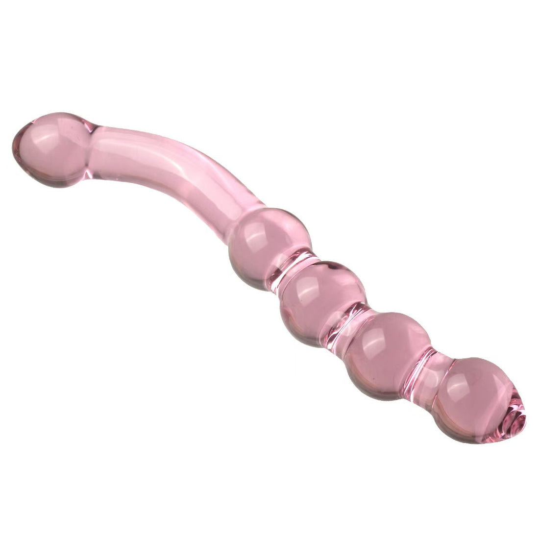 Różowe szklane dildo z zakrzywionym trzonem i koralikami