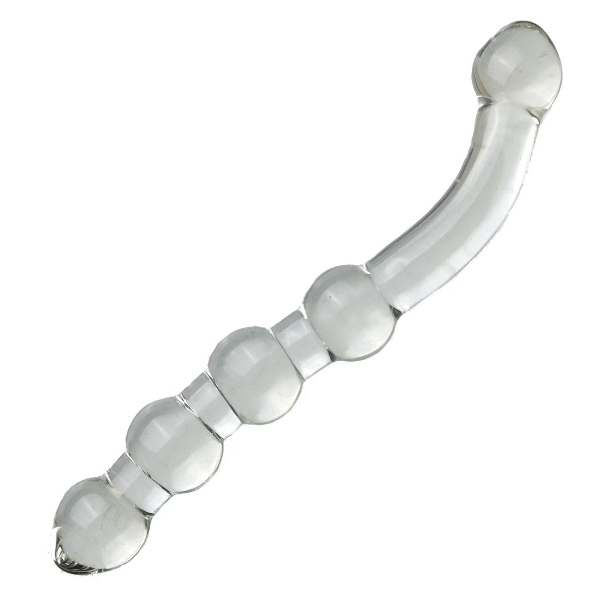 Zakrzywiony trzon szklanego dildo widoczny z boku