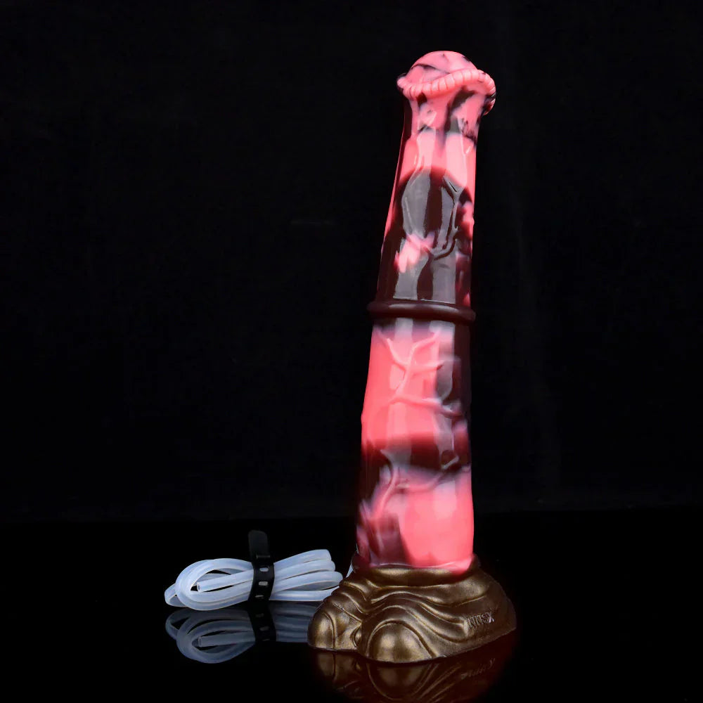 Różowo-czarne horse dildo z podwójnym węzłem — schemat wymiarów kolejnego wariantu