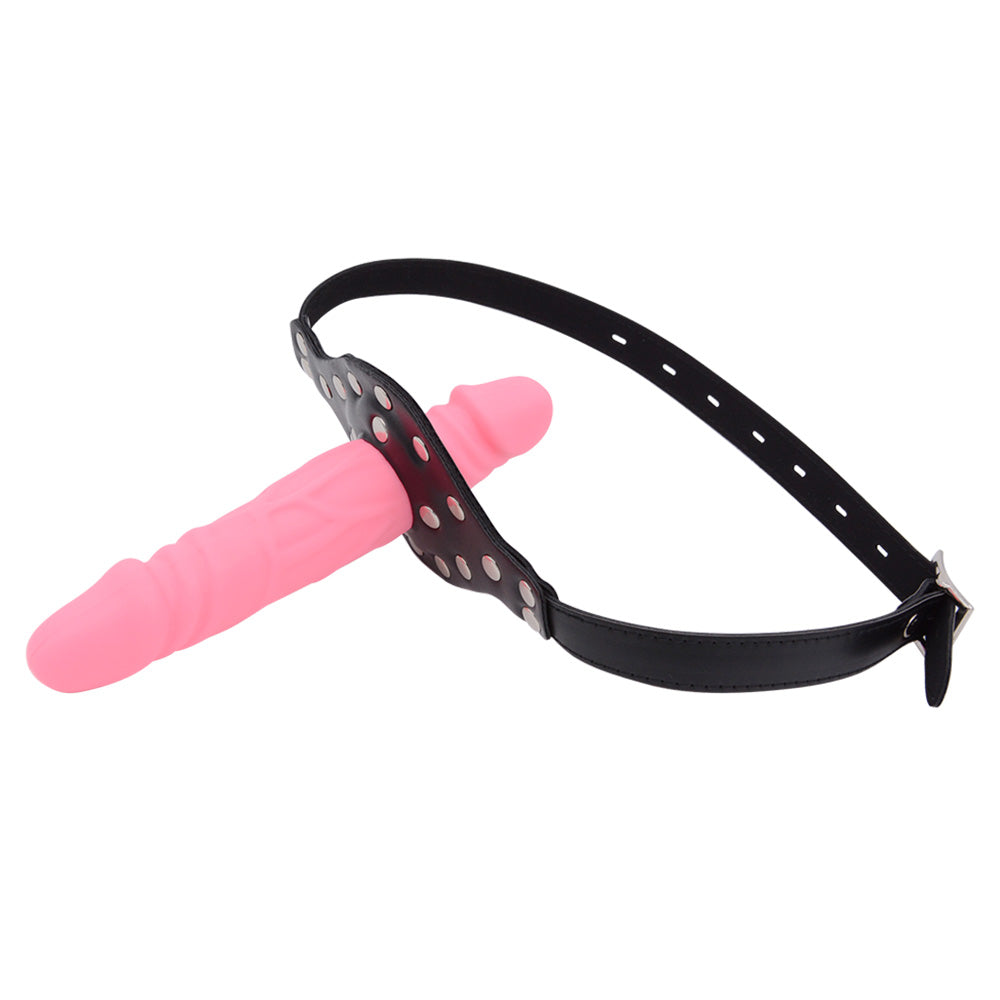 Różowy dildo mouth gag z regulowanym paskiem — różowa wkładka w uprzęży