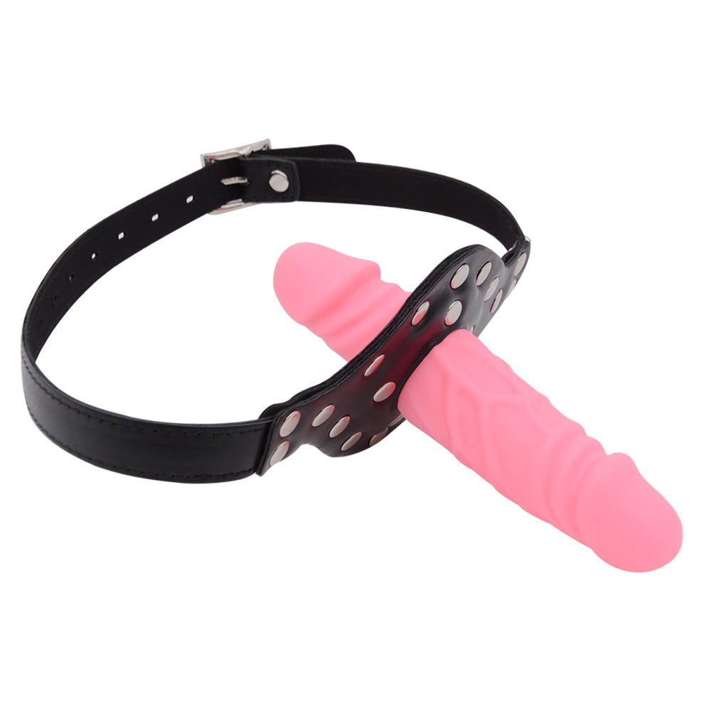 Różowy dildo mouth gag z regulowanym paskiem — różowa wkładka w uprzęży