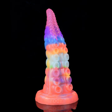Tęczowe tentacle dildo z wypukłą fakturą i szeroką podstawą