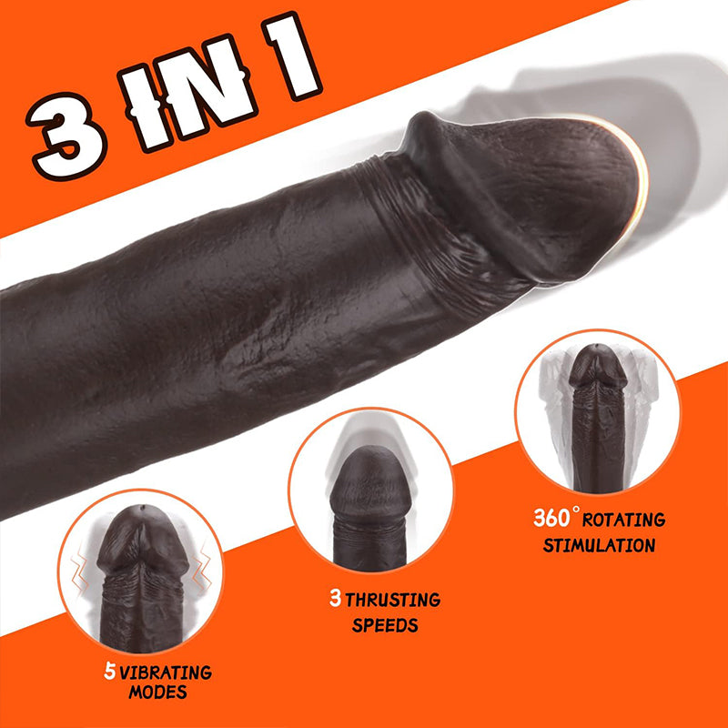 Ruch posuwisty, obrót 360 stopni i wibracje czarnego dildo