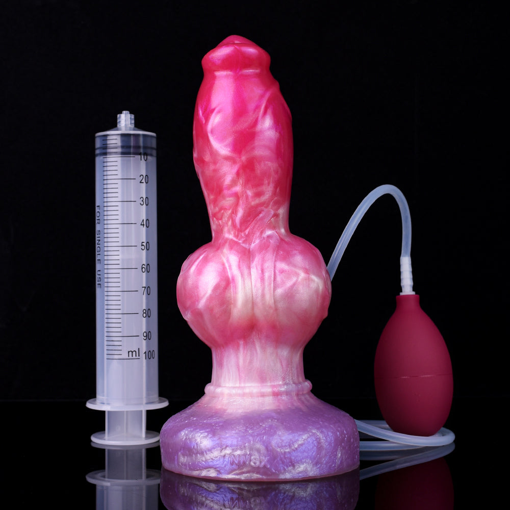 Pompowane dog dildo z podwójnym węzłem — produkt z pompką w widoku pionowym