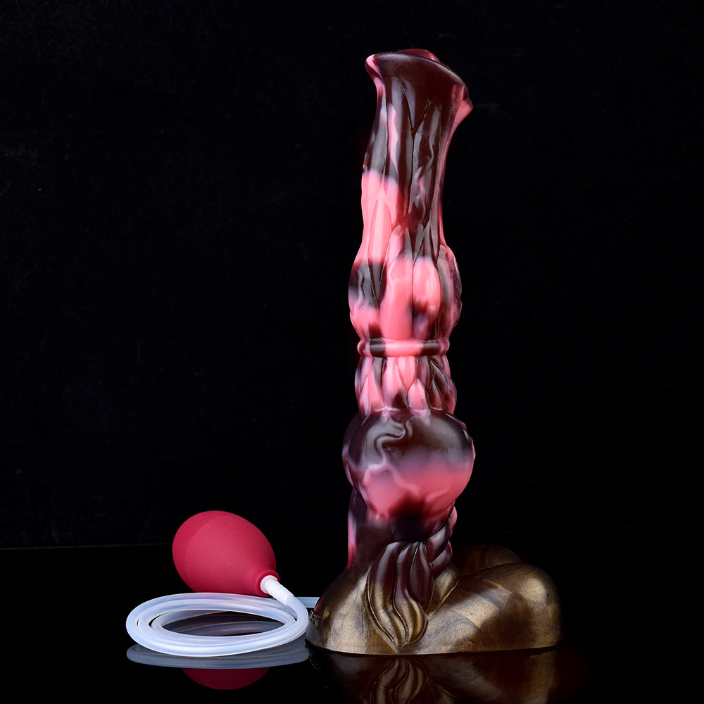 Różowo-czarne horse dildo z podwójnym węzłem — widok pionowy z pompką