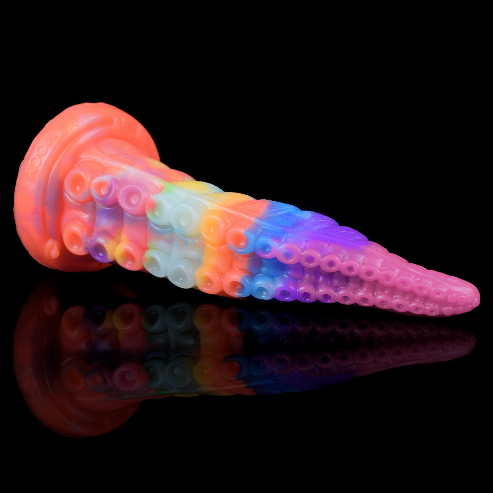 Tęczowe tentacle dildo z wypukłą fakturą i szeroką podstawą
