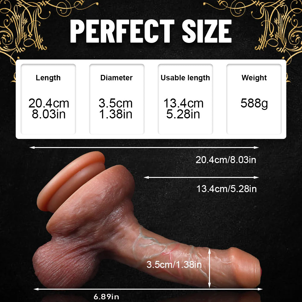Wymiary dildo: 20,4 cm długości, 13,4 cm użytkowo i 3,5 cm średnicy