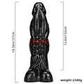 Czarne monster dildo z łuskową fakturą — schemat wymiarów produktu