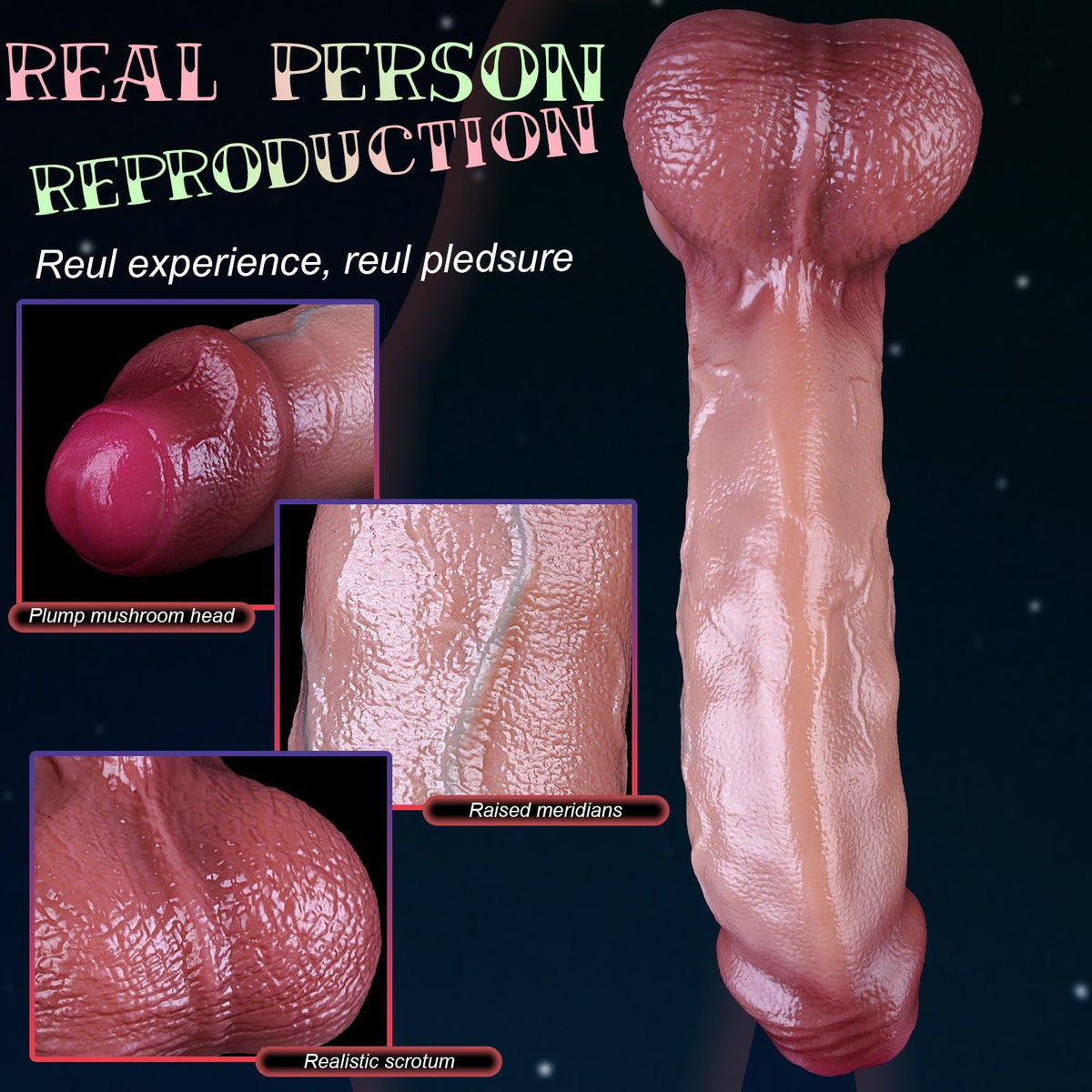 Detale żołędzi, trzonu i podstawy brązowego dildo