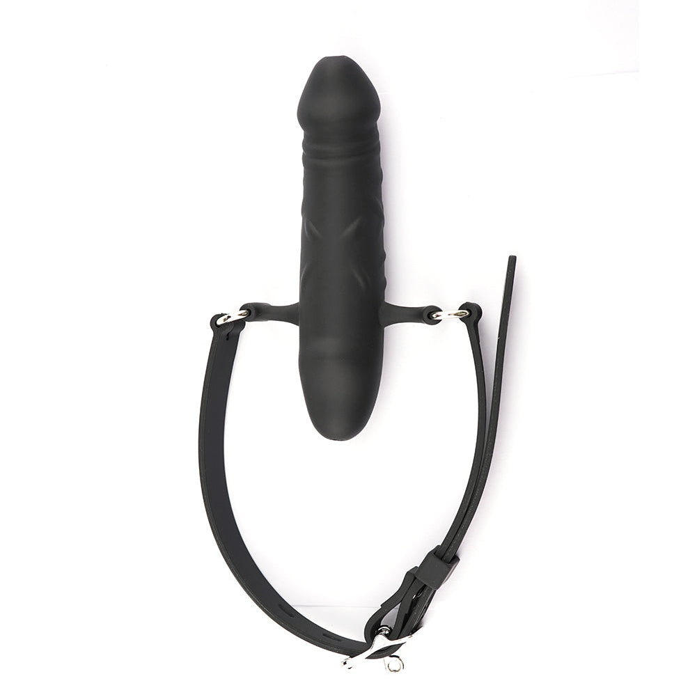 Czarny dildo gag dwustronny z uprzężą — uprząż z wkładką w widoku z przodu