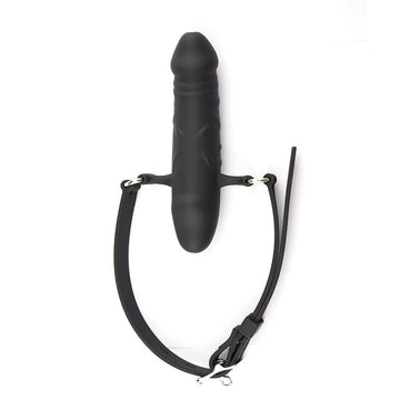 Czarny dildo gag dwustronny z uprzężą — uprząż z wkładką w widoku z przodu