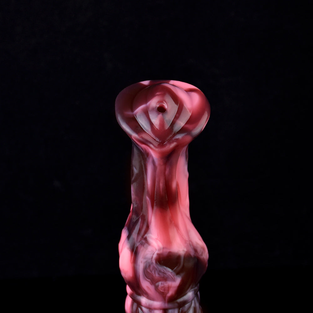 Różowo-czarne horse dildo z podwójnym węzłem — widok z drugiej strony