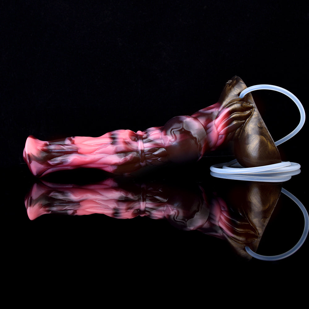 Różowo-czarne horse dildo z podwójnym węzłem — widok pionowy bez pompki