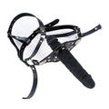 Czarny dildo mouth gag z maską — schemat długości paska