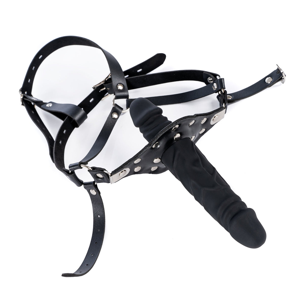 Czarny dildo mouth gag z maską — schemat długości paska