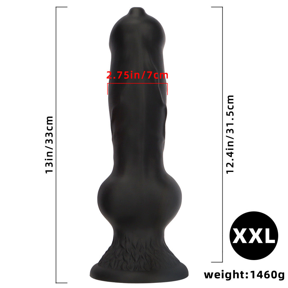 Czarne dog dildo z przyssawką — schemat wymiarów wariantu XXL