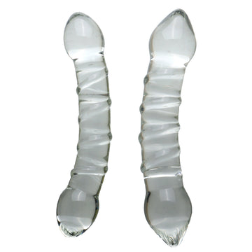 Przezroczyste podwójne dildo ze szkła — dwa szklane końce w widoku pionowym