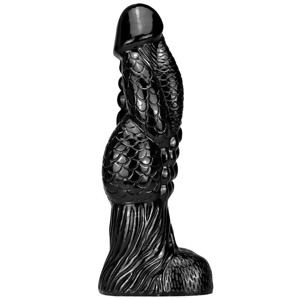 Czarne monster dildo z łuskową fakturą — widok z przodu