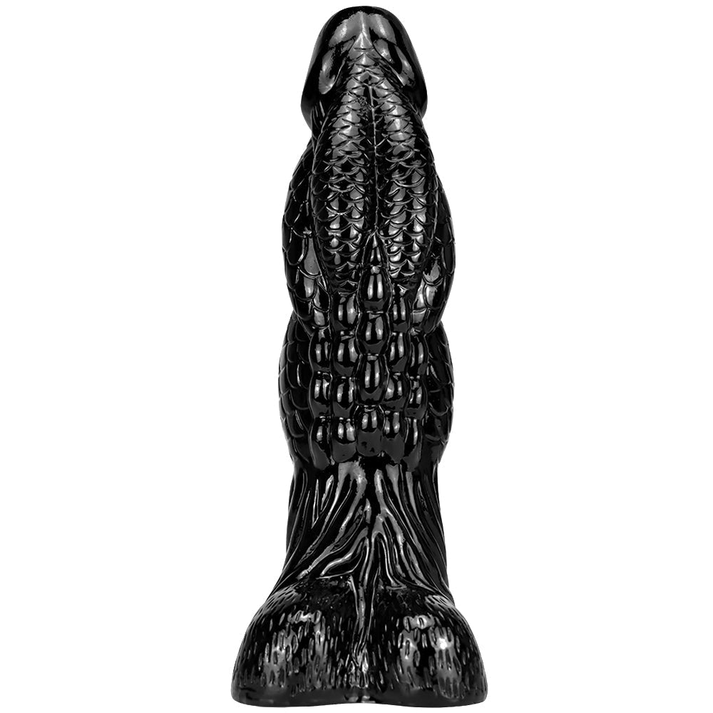Czarne monster dildo z łuskową fakturą — widok z tyłu