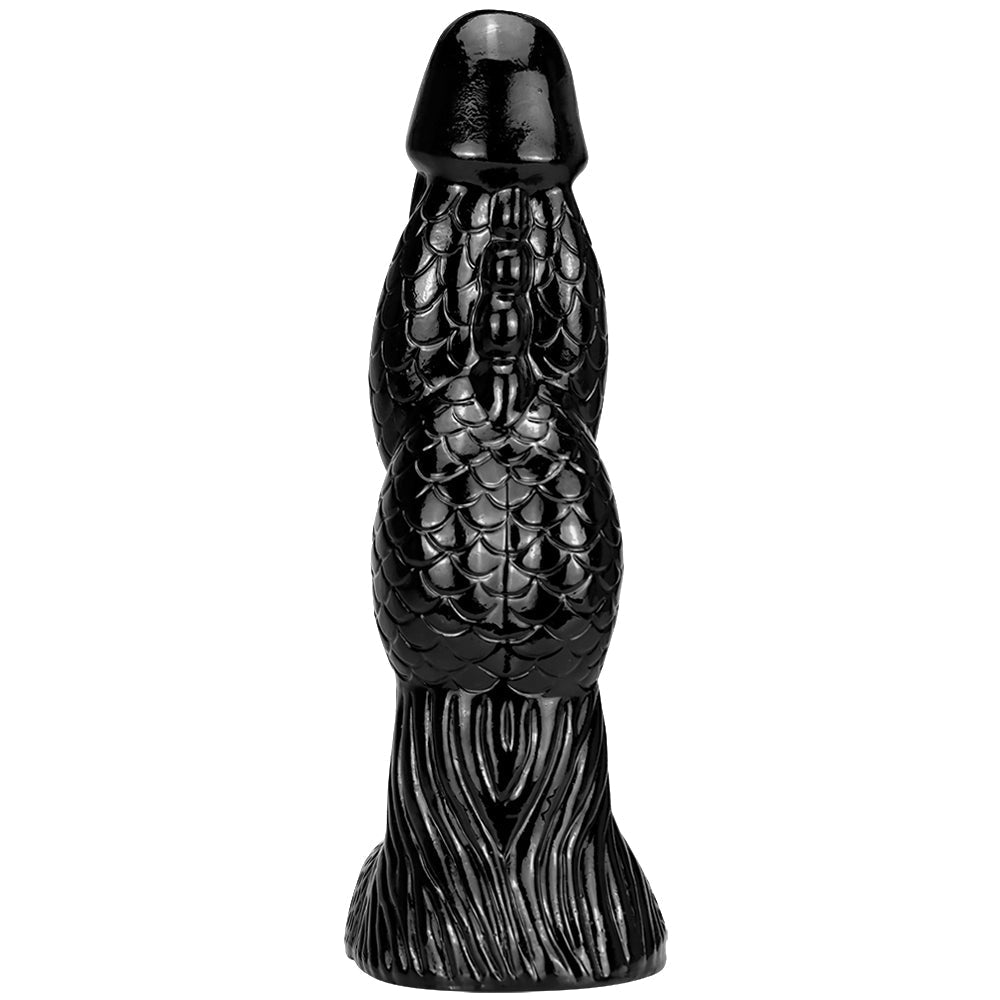 Czarne monster dildo z łuskową fakturą — widok pionowy