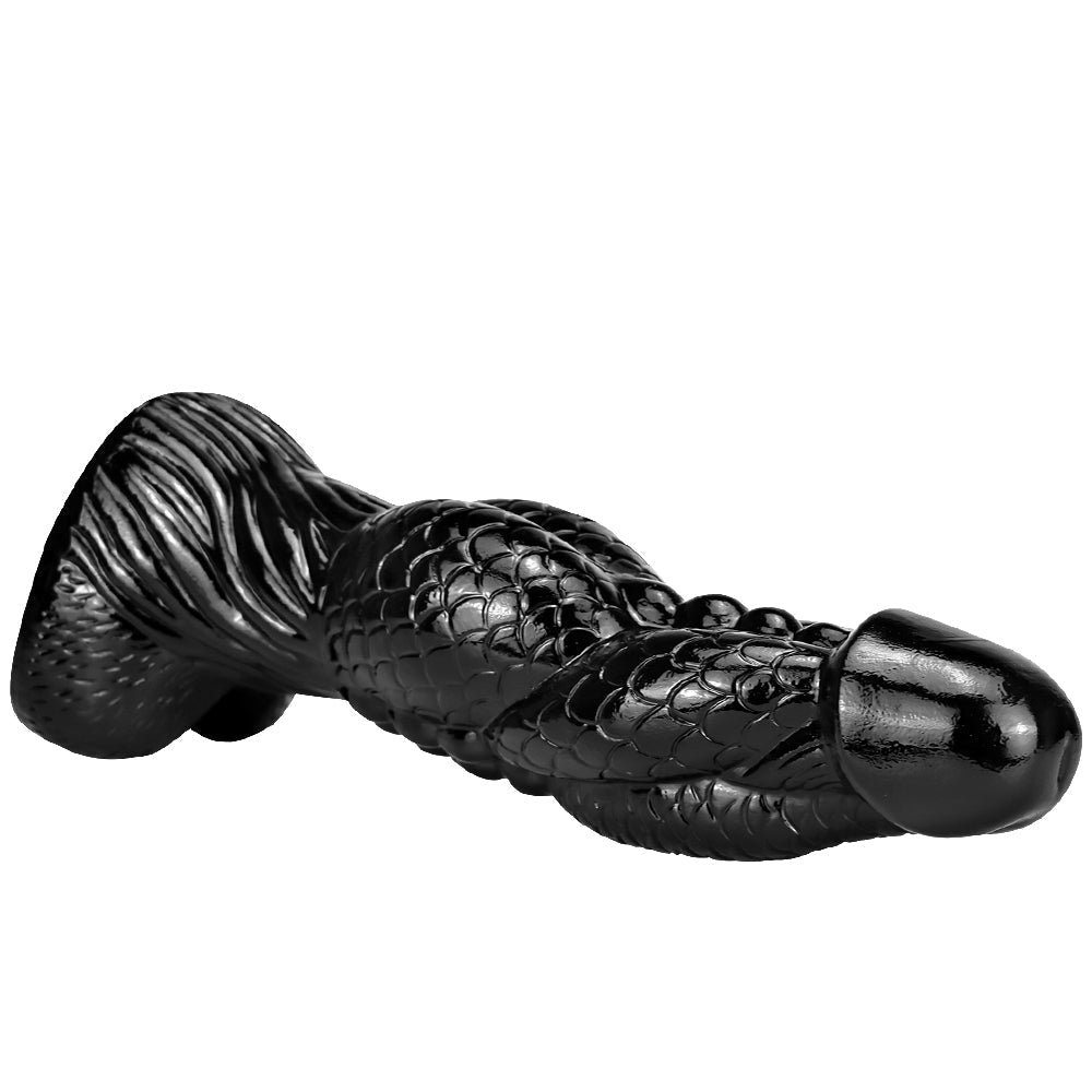 Czarne monster dildo z łuskową fakturą — widok poziomy