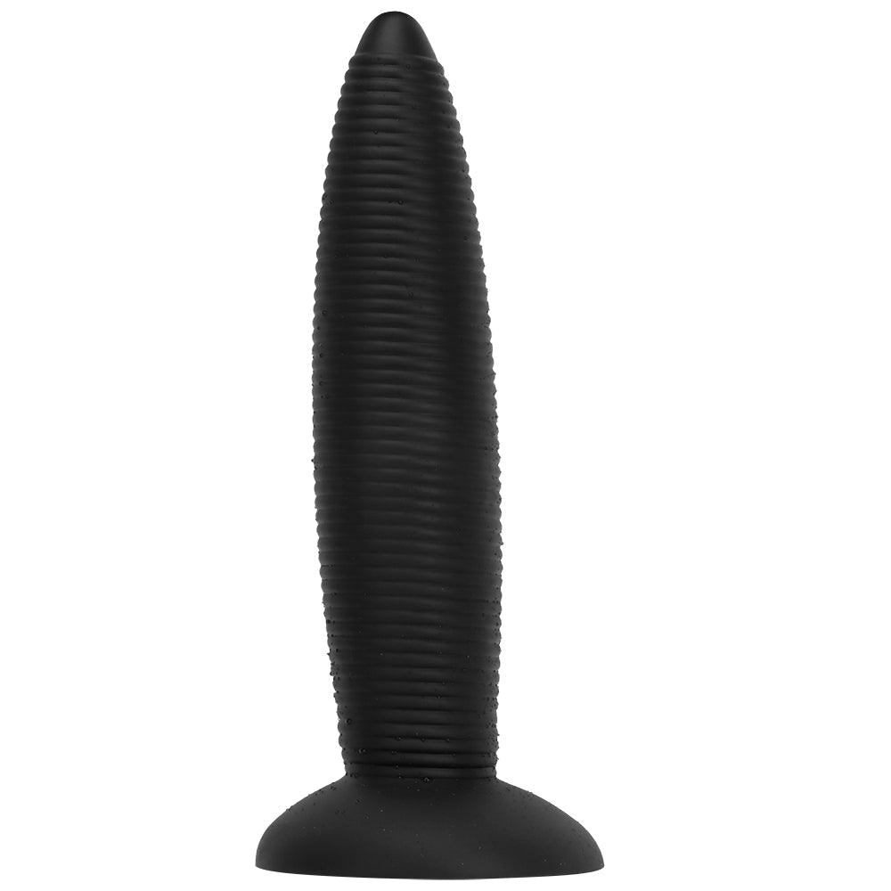 Zbliżenie wypukłych prążków czarnego dildo