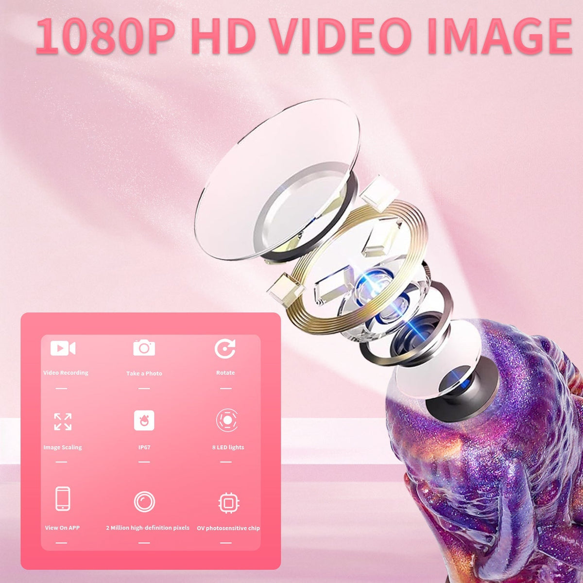 Fioletowy long anal plug z kamerą HD — ilustracja funkcji wideo HD
