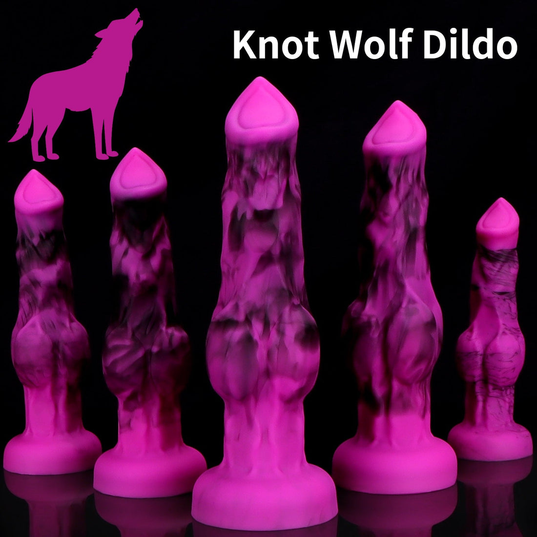 Fioletowe knot dildo z motywem wilka — zestaw rozmiarów knot dildo z motywem wilka