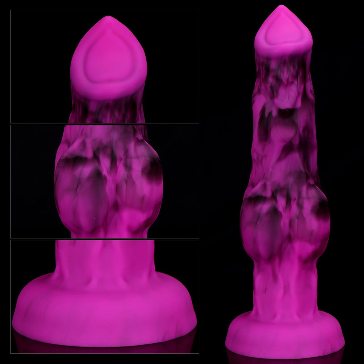 Fioletowe knot dildo z motywem wilka — porównanie rozmiarów S–XXL