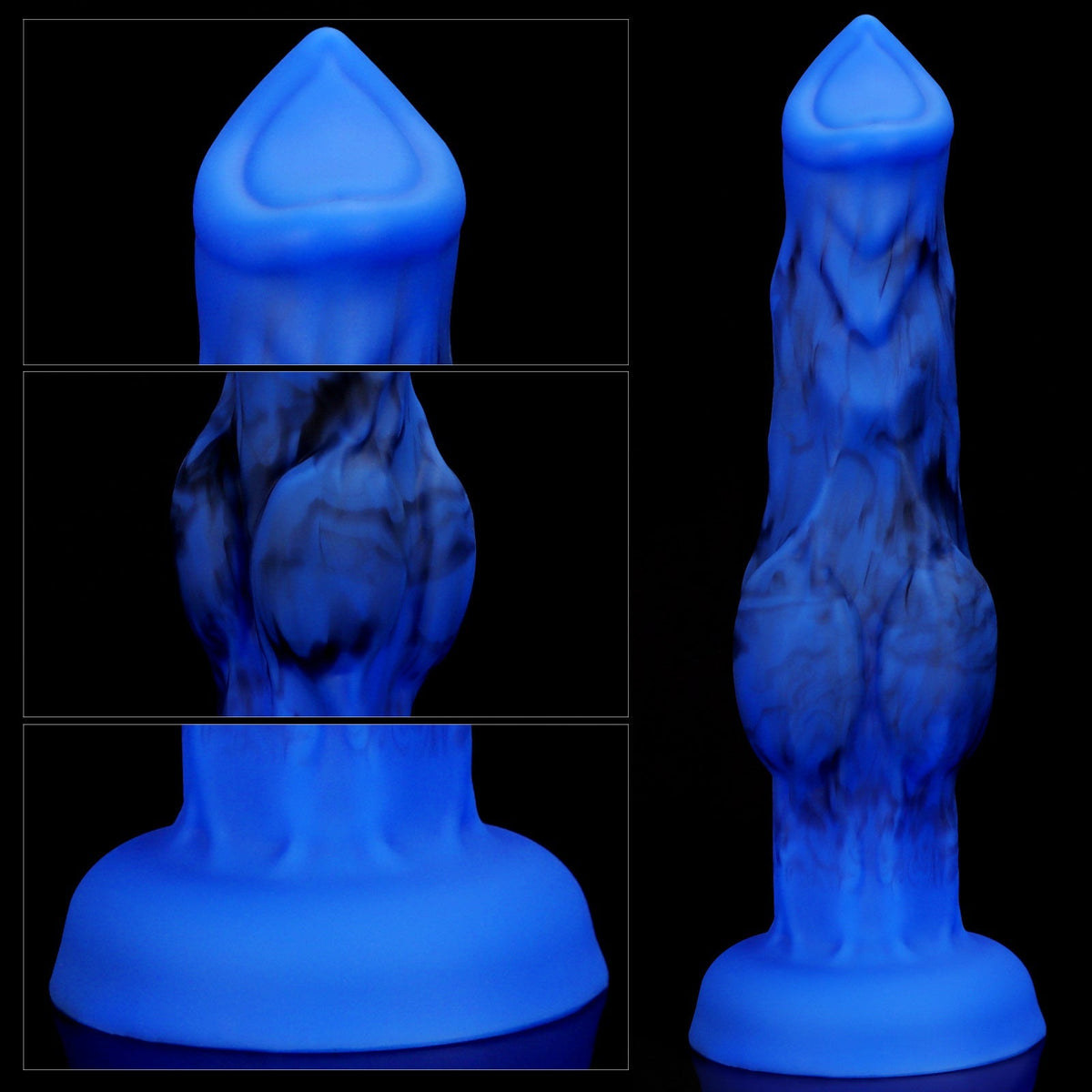Niebieskie knot dildo z motywem wilka — zbliżenie faktury i podstawy