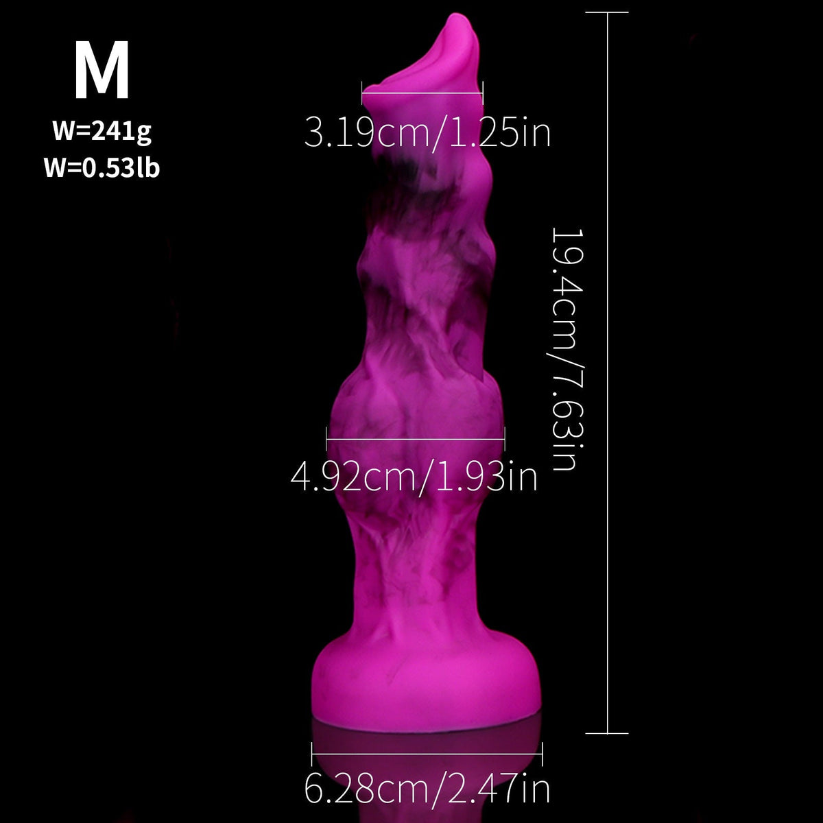 Fioletowe knot dildo z motywem wilka — schemat wymiarów wariantu M