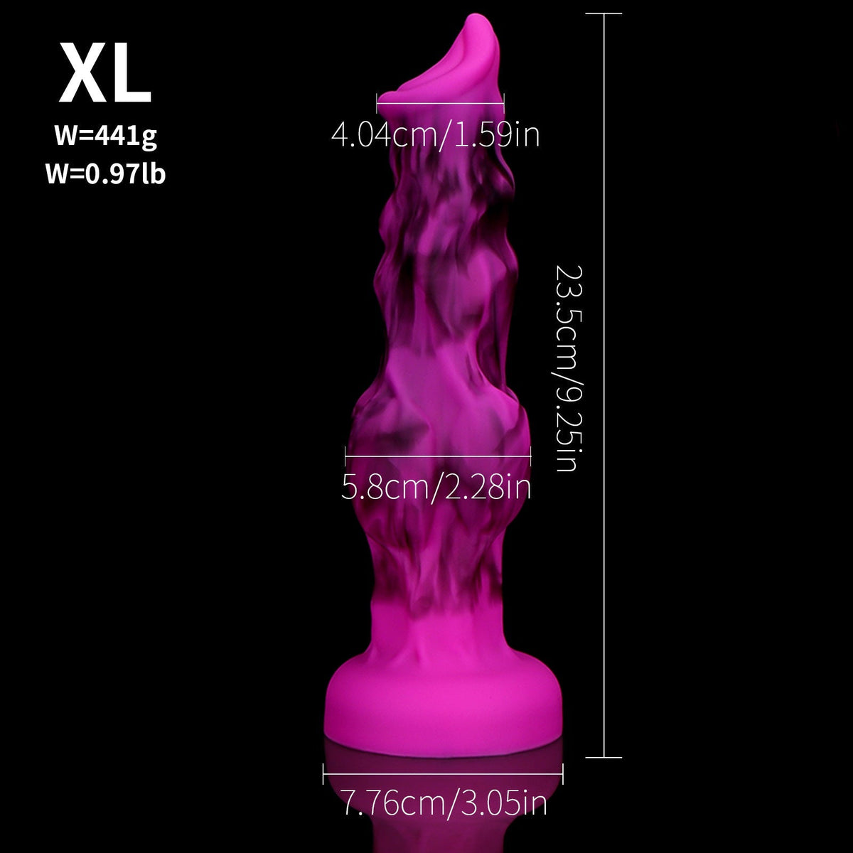 Fioletowe knot dildo z motywem wilka — schemat wymiarów wariantu S