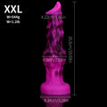 Fioletowe knot dildo z motywem wilka — schemat wymiarów wariantu XL