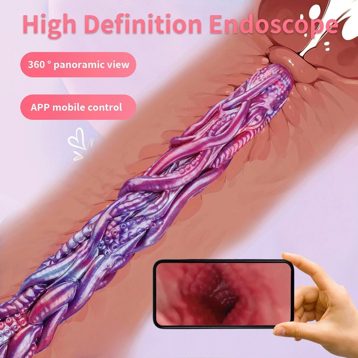 Fioletowy long anal plug z kamerą HD — ilustracja obrazu z kamery