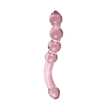 Różowe szklane dildo z zakrzywionym trzonem i koralikami