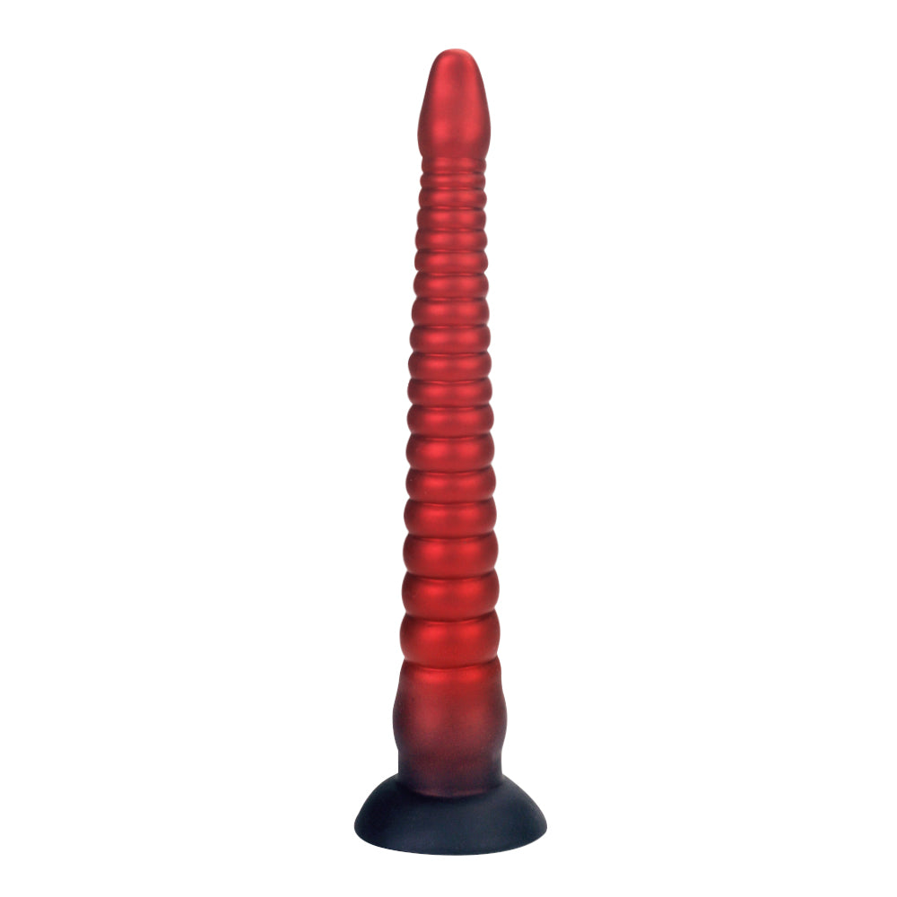 Czerwone tentacle dildo z segmentowaną fakturą i przyssawką