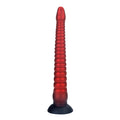 Czerwone tentacle dildo z segmentowaną fakturą i przyssawką